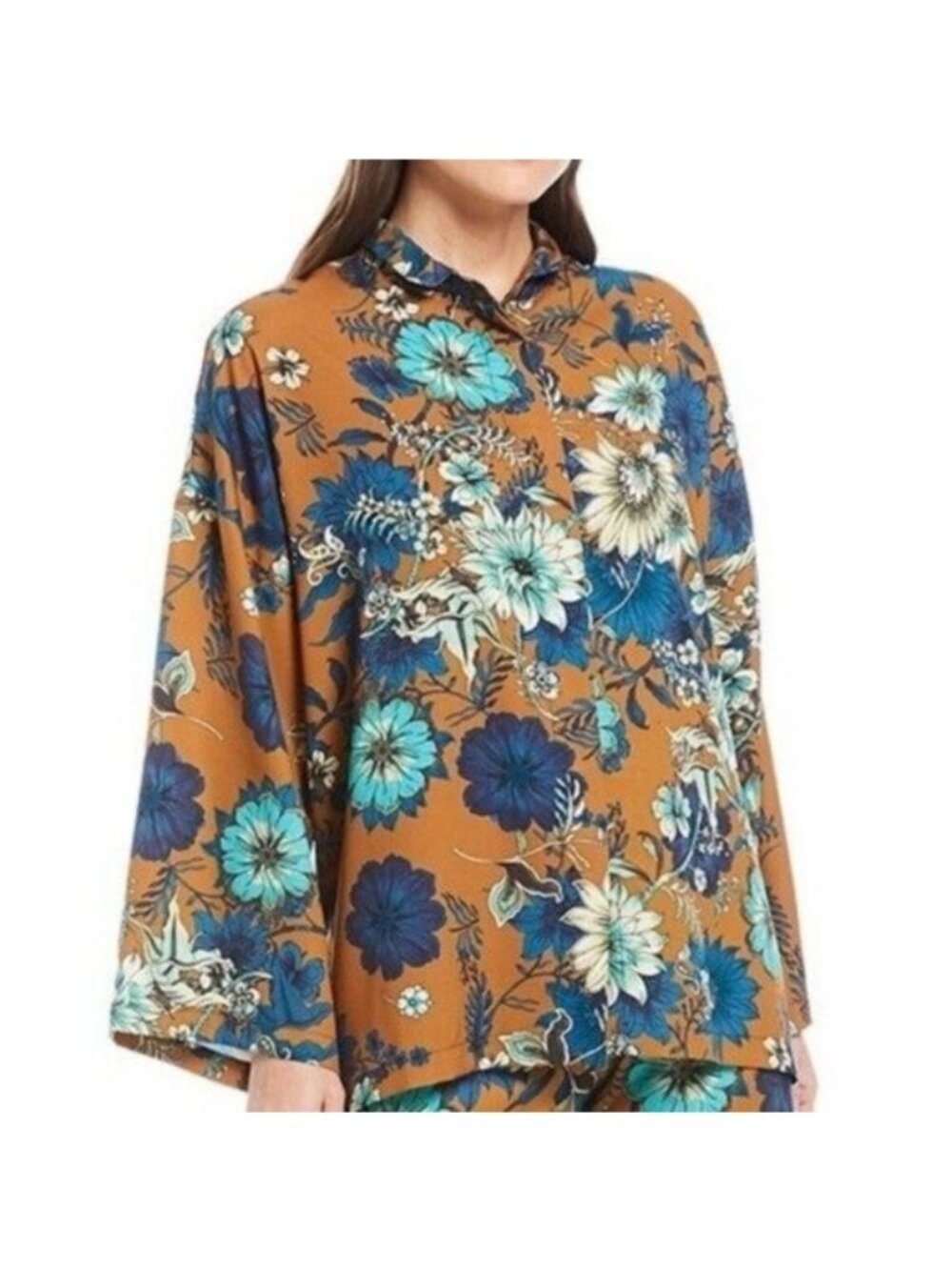 Bryn Walker Alabama Shirt S Bellagio Floral Orange Blue Bohemian Art Langenlook